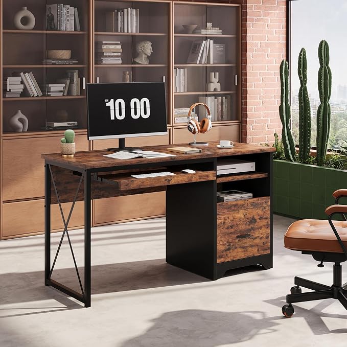 Bestier 47" Computer Desk with Drawers, Home Office Desk with Keyboard Tray, Reversible Industrial Office Desk with Storage Cabinet for Small Space Home Office & Studio, Rustic Brown | Storage Drawer, File Drawer Letter/Legal, Keyboard Tray, Cable Mana... - Image 8
