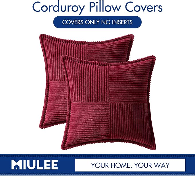 MIULEE Decorative Throw Pillow Covers for Couch Bed Livingroom 18x18 Inch Set of 2 Burgundy Boho Accent Throw Pllows Broadside Striped Patchwork Soft Corduroy Pillowcases - Image 6
