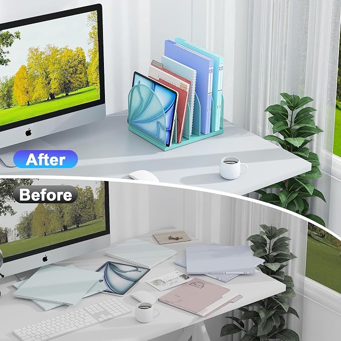 gianotter Desktop File Organizer with 5 Compartments | Desk Organizer Paper Organizer for Desk Workspace Organizers for Office Supplies (Blue, Upright Style) - Image 2