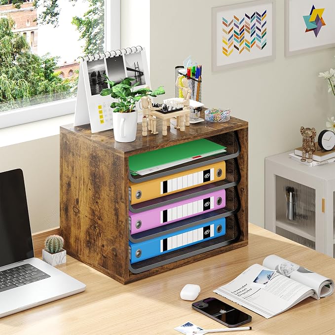 Simple Trending 4-Tier Desk File Organizer, Paper Organizer, Rustic Brown | Adjustable Letter Trays, Wood Desktop File Sorter, Farmhouse Style, for Office Home Classroom, 10.75"D x 15.2"W x 11.8"H - Image 2