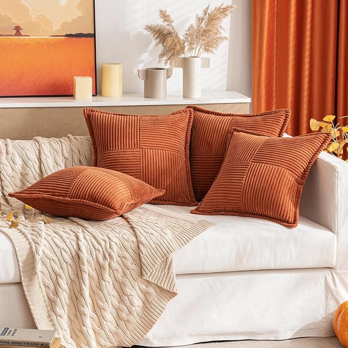 MIULEE Fall Rust Decorative Throw Pillow Covers for Couch Bed Livingroom 20x20 Inch Set of 2 Boho Accent Throw Pllows Broadside Striped Patchwork Soft Corduroy Pillowcases, Terracotta - Image 7