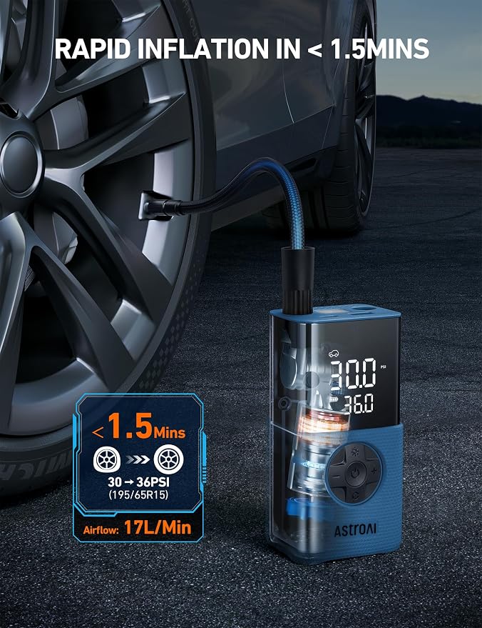 AstroAI L7S Tire Inflator Portable Air Compressor Cordless with Digital Pressure Gauge, 150 PSI LED Light Bike Air Pump with Fast Inflation & Auto Shut-Off for Car Tires,Motorcycles,Bikes,Balls,Blue - Image 4