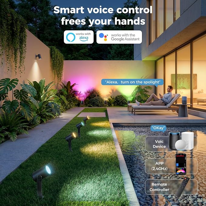 CDN Smart Landscape Spotlights, 4 Pack RGBCW Outdoor Lights, IP65 Waterproof & Dimmable, Compatible with Alexa/Google Assistant, for Garden Yard Pathway Decor - Image 4