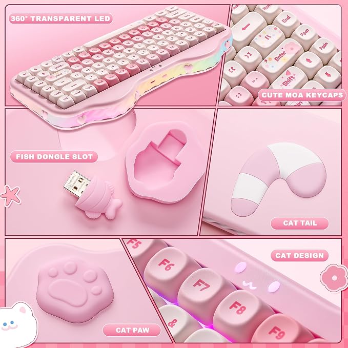 YUNZII C75 Cute 75% Wireless Mechanical Keyboard (Pink, Candy Switch) | Creamy Cake Keyboard, BT5.0/2.4G/USB-C, Hot-Swap, NKRO, PBT MOA Keycaps,5500mAh RGB Gasket Mount for Mac/Win/Gaming/Office - Image 9
