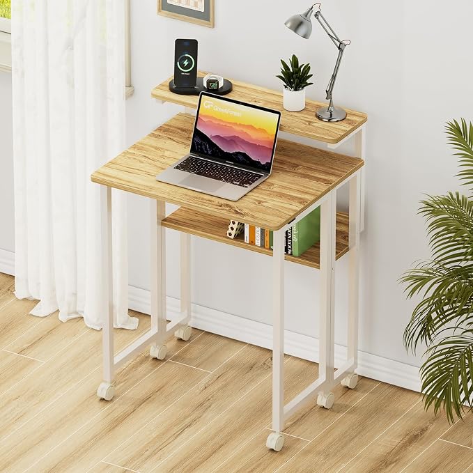 GreenForest Folding Desk with Adjustable Monitor Stand, 24.8 in Small Desk | Storage Shelf, Lockable Wheels, Portable, Space Saving, Mobile Rolling Table for Small Spaces, Home Office, Writing, Oak - Image 2