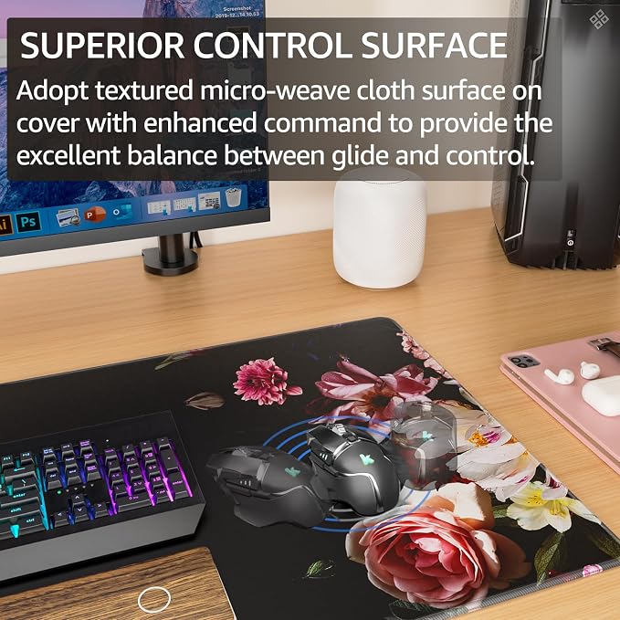 KTRIO Large Gaming Mouse Pad, Desk Mat, 31.5 x 15.7 in Peony Flower, XXL | Smooth Micro-Weave Surface, Artistic Pattern Design, Non-Slip Rubber Base, Durable Stitched Edges, Office & Home Use - Image 2