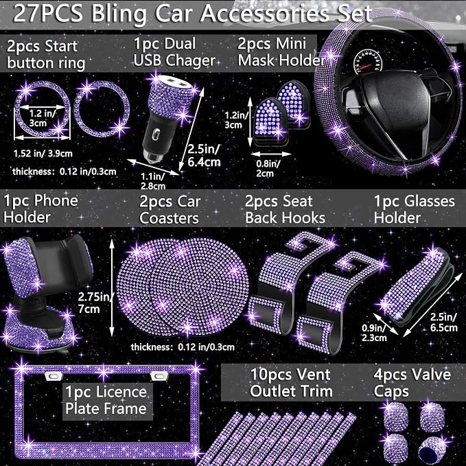 NBTEPEM 27 PCs Purple Violet Bling Car Accessories Set for Women, Steering Wheel Covers Universal Fit 15 Inch, Bling License Plate Frame, Bling Phone Holder, Bling Car Coasters - Image 2