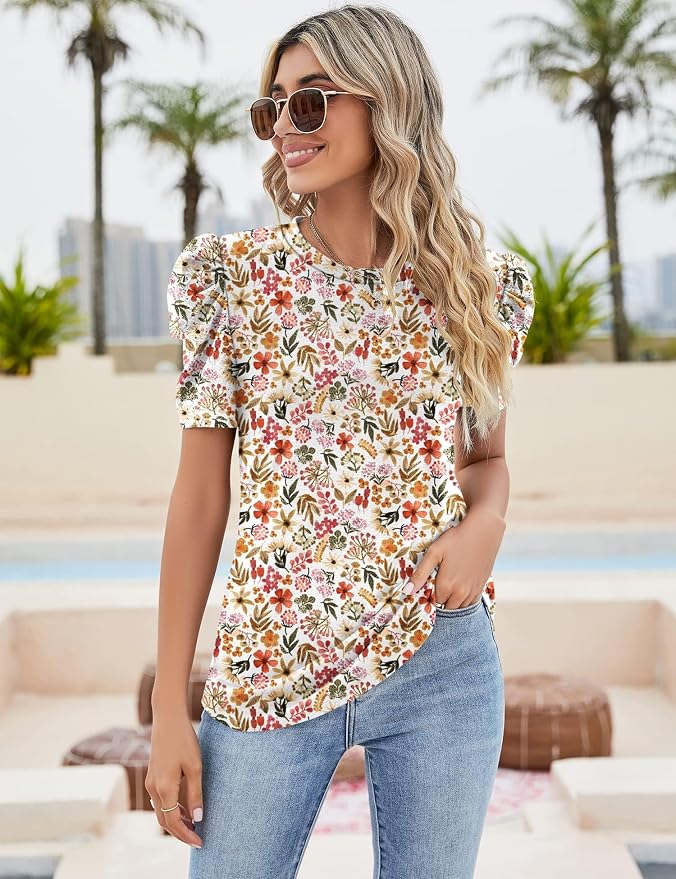 Ivicoer Puff Short Sleeve Shirt for Women Eyelet Tops Summer Crewneck Blouse Loose Fit S-XXL - Image 3