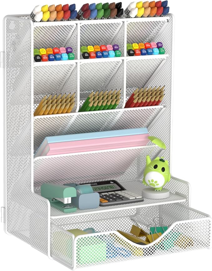 BOHDK Pen Organizer for Desk, Multi-Functional Desk Organizer, Wall Mount Pen Holder with Drawer for School, Office, Home, Art Supplies, White by BOHDK