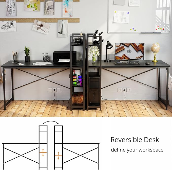 IRONCK Computer Desk 55" with Power Outlet and Storage Shelves, Study Writing Table with USB Ports Charging Station, PC Desk Workstation for Home Office, Black - Image 5