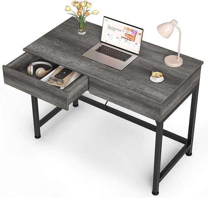 Mexin Small Desk with 2 Wooden Drawers, 40 Inch Home Office Writing Desk, Vanity Desk with Storage, Computer Desk for Bedroom Small Spaces, Table for Office, Work, Kids Study, Makeup, Gray Oak by Mexin