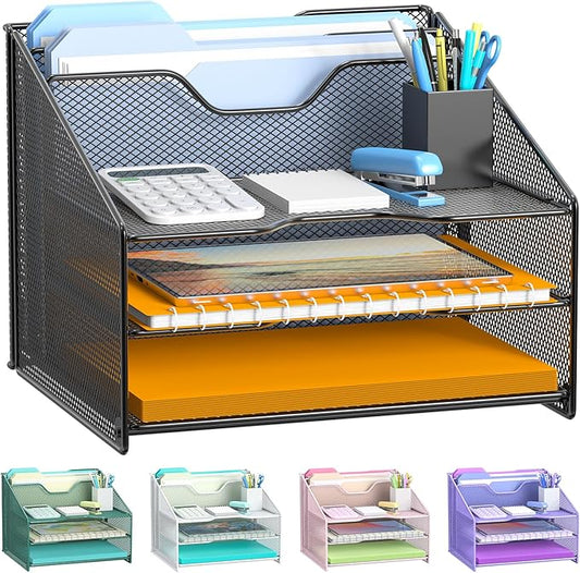 Samstar Desk File Organizer, Mesh Letter File Folder Holder with 3 Paper Trays and 2 Vertical Upright Section, for Office Supplies,Desk Accessories & Workspace,Black. by Samstar