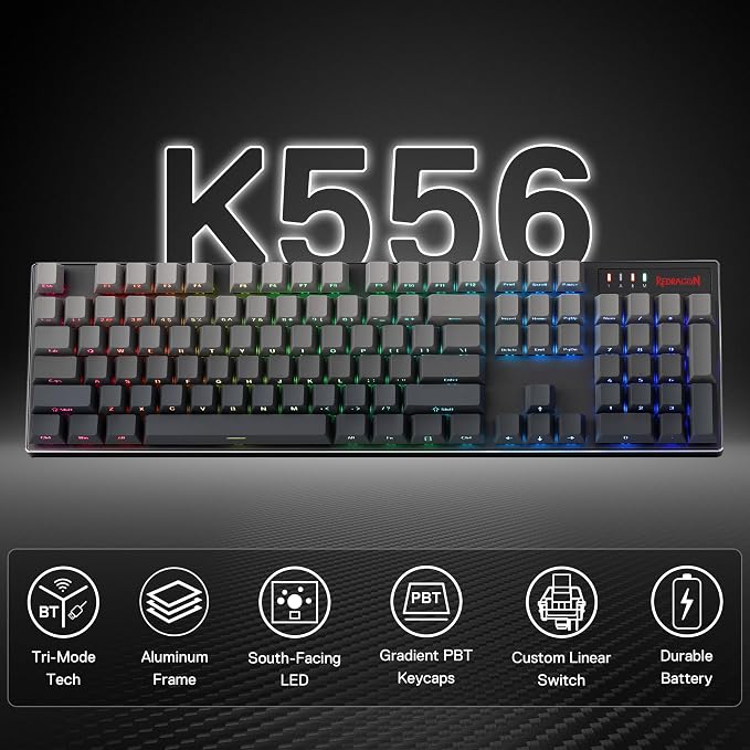 Redragon K556 PRO Wireless RGB Gaming Keyboard, Aluminum Board, PBT Keycaps | 0 Delay Tri-Mode BT/2.4GHz/USB-C for More Devices, Rock-Solid Stability, AM-PM Using Durability, Pro Software, Gradient Color - Image 2