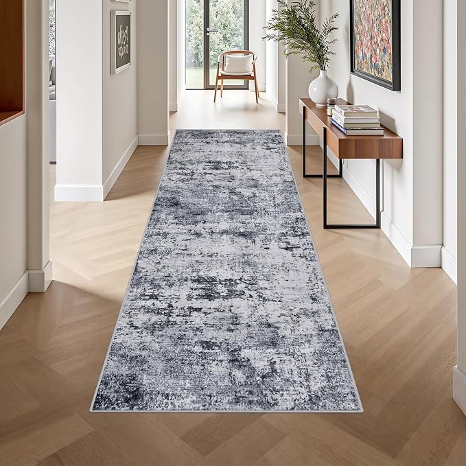 Washable Area Rug 3x10 Entryway Rug: Washable Modern Abstract Soft Thin Rug Indoor Floor No Slip Stain Resistant Carpet for Bedroom Dining Room Farmhouse Nursery Home Office - Grey - Image 4