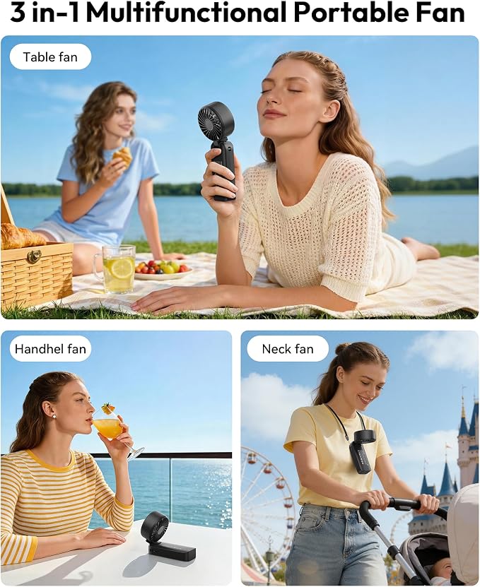 Gaiatop Portable Handheld Fan, 5 Speed Rechargeable Battery Max 18 Working Hours, 3 IN 1 Neck/Desk/Hand Fan Cooling for Travel, Beach, Women/Men Outdoor Activities Gifts - Black - Image 4
