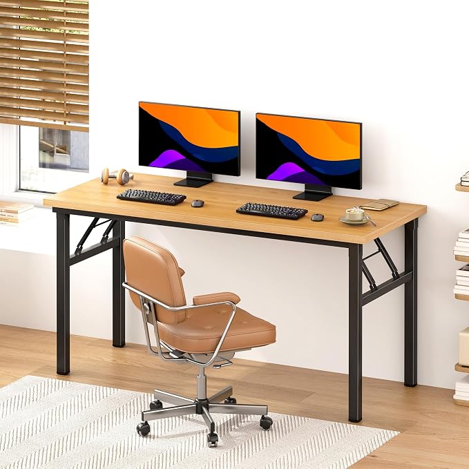 Need Office Computer Desk 54.3 Inch Sturdy Folding Laptop Table Teak | Black Frame Writing Gaming Work Table/Foldable Home Office Desk/Sewing Table, No Assembly Required - Image 4