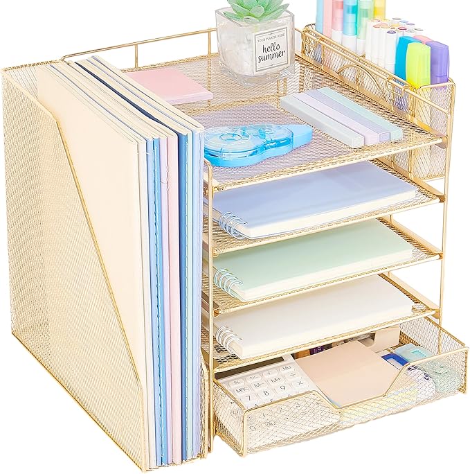Desk Organizers and Accessories, 5-Tier Paper Letter Tray Organizer with File Holder, Drawer & Pen Holder, Office Desk Accessories, Desktop Organizer for Classroom Office Supplies, Gold by Illuminatinglifewiththewarmthandloveoflight