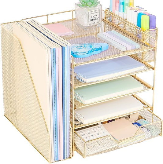 Desk Organizers and Accessories, 5-Tier Paper Letter Tray Organizer with File Holder, Drawer & Pen Holder, Office Desk Accessories, Desktop Organizer for Classroom Office Supplies, Gold by Illuminatinglifewiththewarmthandloveoflight