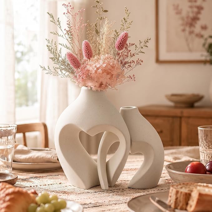 White Ceramic Flower Vase Home Table Decor Heart Shaped Vase Set of 2 | Boho Heart Shaped Minimalist Decorative Vases for coffee Table Centerpiece Wedding Dining Living Room Office House Decoration - Image 7