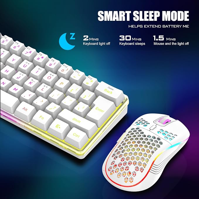 RedThunder 60% Wireless Gaming Keyboard and Mouse Combo, 2500mAh Rechargeable Battery, Ultra-Compact Small RGB Mechanical Feel Keyboard, Lightweight Honeycomb Optical Mouse for Gaming/Business, White - Image 4