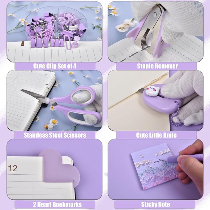 Purple Desk Accessories, 26Pcs Office Supplies and Desk Organizers, with Tape Dispenser, Stapler, Staple Remover Ect, Gift Box Packaging - Image 5