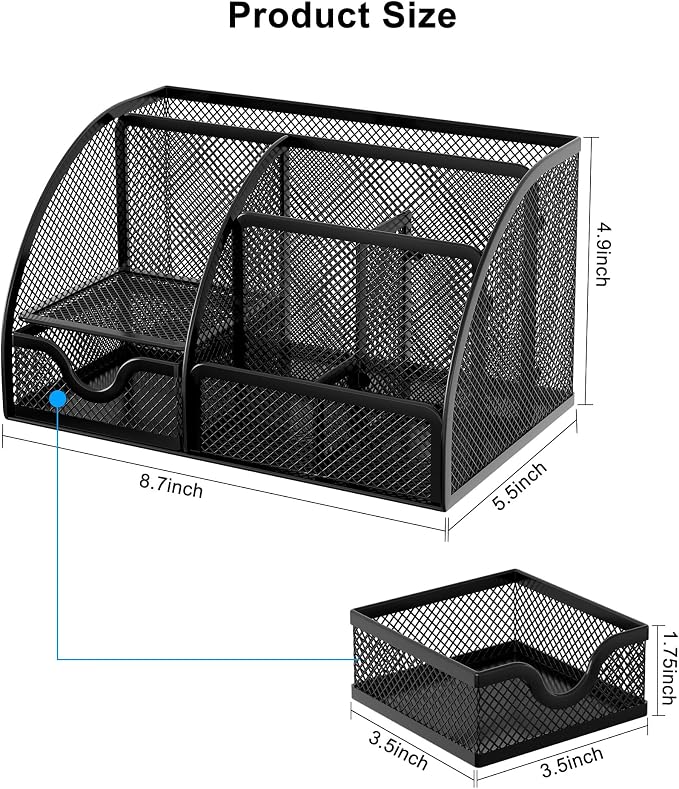 EasyPAG Mesh Desk Organizer with Drawer Multi-functional Pen Holder Stationery Organizer for Office School Supplies 6 Compartments Dorm Organizers and Storage for Desk, Black - Image 7