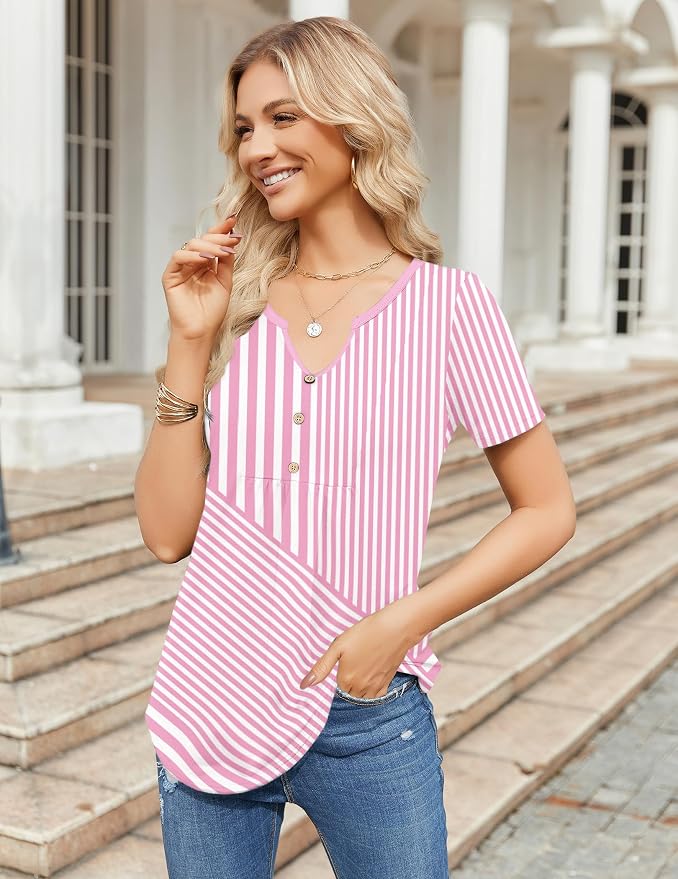 Zeagoo Womens Short Sleeve Tops Summer Henley V-Neck Tshirts Casual Pleated Blouse Dressy Loose Floral Basic Tee - Image 6