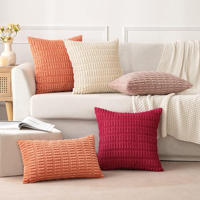 MIULEE Pack of 2 Corduroy Decorative Throw Pillow Covers 18x18 Inch Soft Boho Striped Pillow Covers Modern Farmhouse Home Decor for Summer Sofa Living Room Couch Bed Coral - Image 3