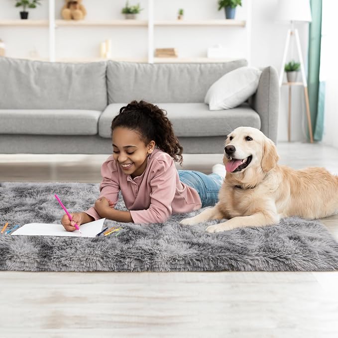 Tepook Fluffy Runner Rugs for Bedroom Aesthetic 2x6 Feet, Shag Soft Bedside Rug with Non-Slip Bottom, Fuzzy Plush Carpet for Room, Hallway Rug for Nursery Dorm Indoor Home Decor, Tie-dye Light Grey - Image 9
