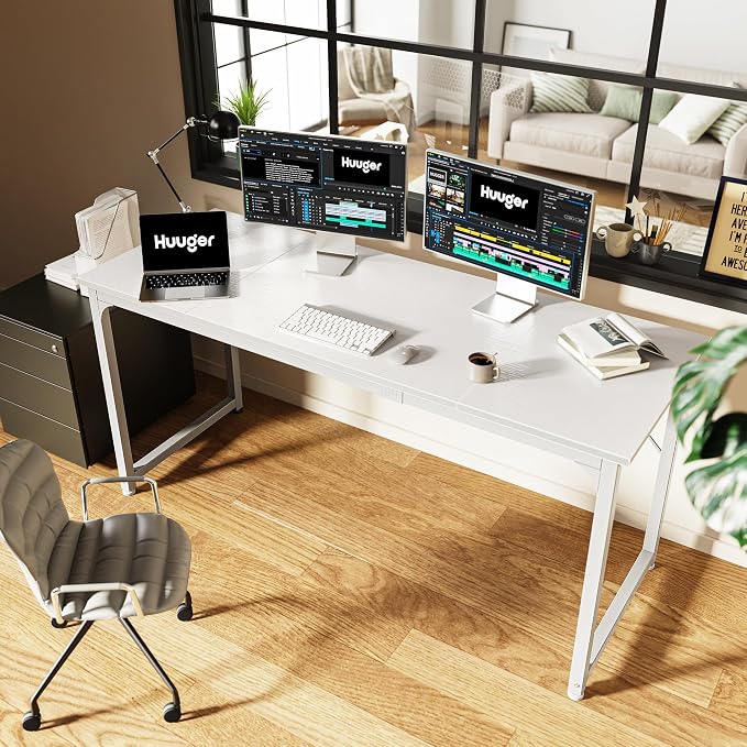 Huuger Computer Desk, 63 Inch Office Desk, Gaming Desk with Storage, Writing Desk Work Desk for Home Office, Study, Modern Simple Desk, Large Legroom, Metal Frame, White - Image 6
