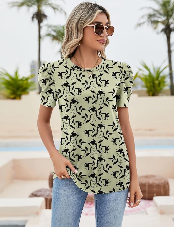 Ivicoer Puff Short Sleeve Shirt for Women Eyelet Tops Summer Crewneck Blouse Loose Fit S-XXL - Image 2