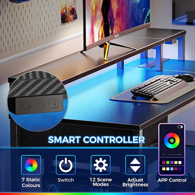 SUPERJARE 53 inch Reversible L Shaped Desk with LED Lights & Power Outlets, Computer Desk with Shelves & Monitor Stand, Gaming Desk with Drawer, Home Office Desk, Carbon Fiber Black - Image 5