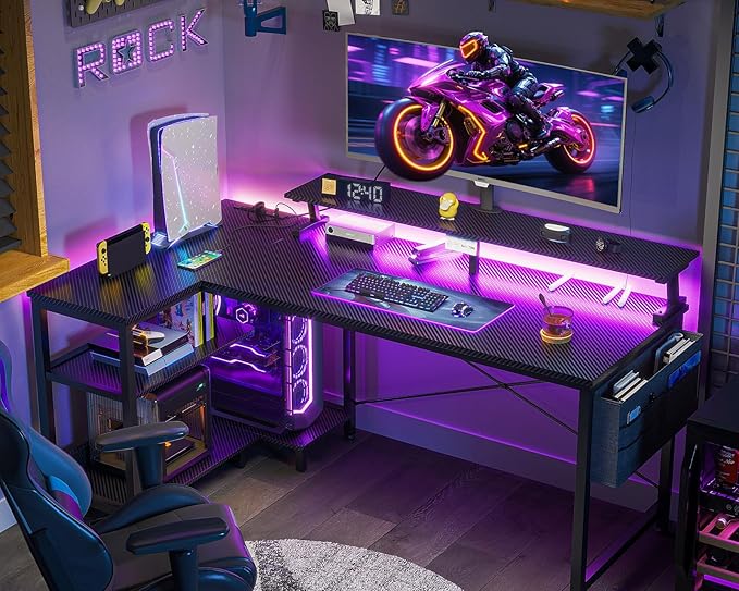 ODK 48 Inch L Shaped Gaming Desk with LED Lights, Power Outlets, Black | Adjustable Monitor Stand, Open Storage Shelves, Hanging Side Bag, PC Tower Stand, Reversible Layout for Gaming - Image 2