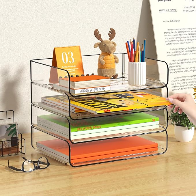 FANXIYQ 4-Tier Acrylic Paper Tray Organizer - Low-Profile Desk File Sorter for Office/Home, Clear Stackable Letter Tray for Bills, Crafts, Notebooks - Image 7