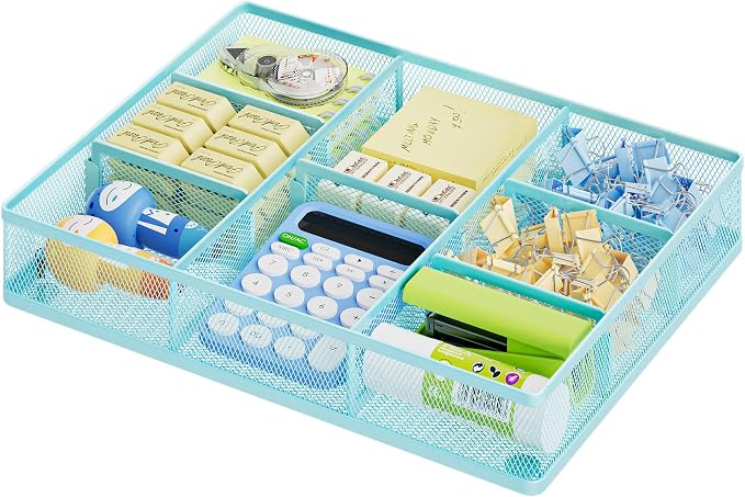 Marbrasse Desk Drawer Organizer, Metal Mesh Drawer Organizer Tray with 5 Adjustable Compartments,Desk Organizers and Accessories for Home,Office,Kitchen,Makeup,Vanity (Blue) by Marbrasse