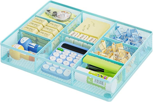 Marbrasse Desk Drawer Organizer, Metal Mesh Drawer Organizer Tray with 5 Adjustable Compartments,Desk Organizers and Accessories for Home,Office,Kitchen,Makeup,Vanity (Blue) by Marbrasse