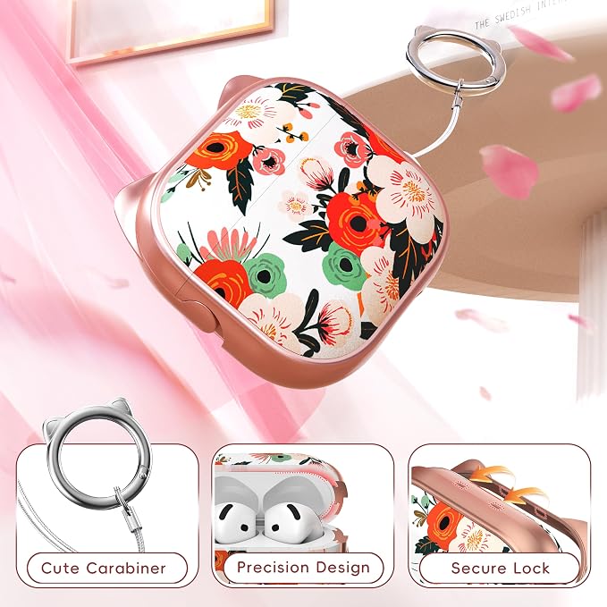 for AirPods 4 Case with Cleaning Kit, Cute Cat Ear Print Design & Cute Buckle, Inverted Phone Holder Design, Top Safe Lock Buckle Design, for Girls AirPods 4 case 2024, Rose Gold Flower - Image 5