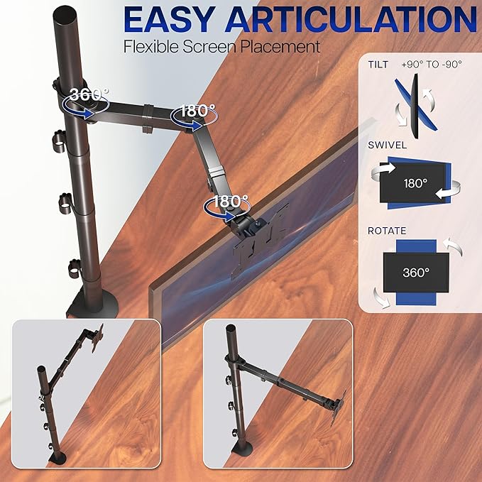VIVO Extra Tall Single Monitor Desk Mount, 39 inch Pole VESA Stand for 13 to 32 inch Screens and up to 38 inch Ultrawides, Holds 22 lbs, Black, STAND-V011 - Image 3