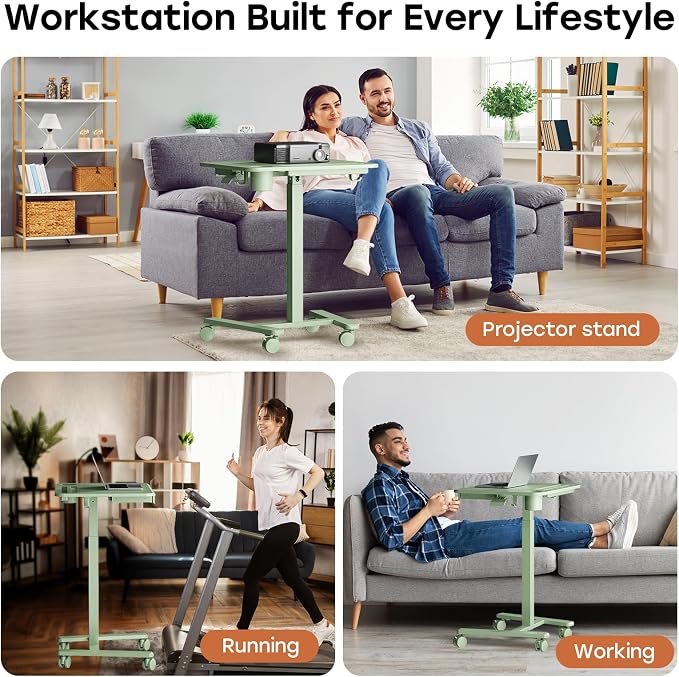 Small Mobile Standing Desk with Drawer, 23.6" x 19.7" Top | Height Adjustable Portable Laptop Desk with Wheels & Cup Holder, Sit Stand Computer Workstation for Compact Space, Sage Green - Image 9