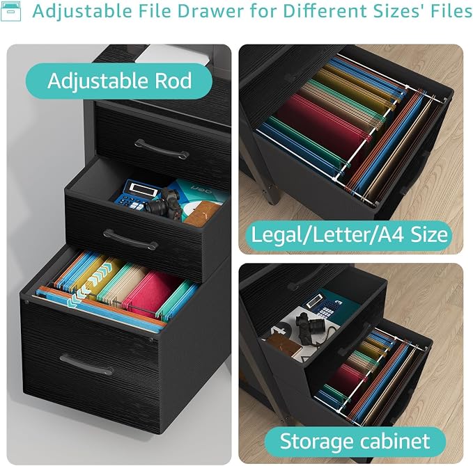 Lufeiya Computer Desk with Fabric File Drawers Cabinet, 55 Inch Reversible Home Office Desks with Filing Cabinet, Study Writing Table PC Desks with Storage for Bedroom, Black - Image 6