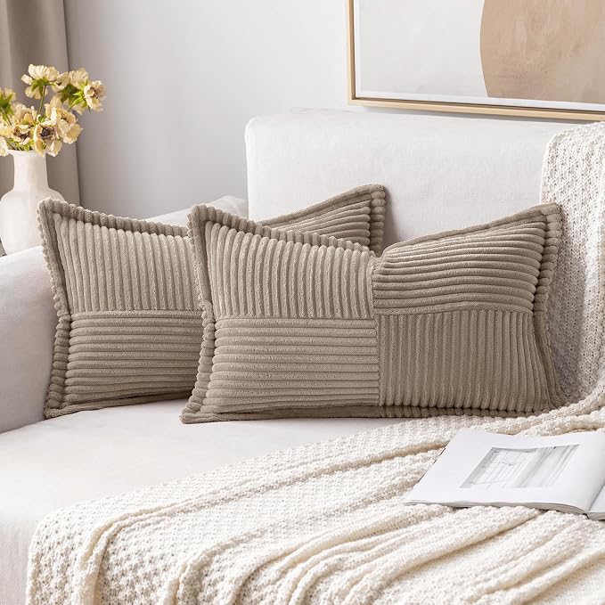MIULEE Decorative Lumbar Throw Pillow Covers for Couch Bed Livingroom 12x20 Inch Set of 2 Light Brown Boho Accent Throw Pllows Broadside Striped Patchwork Soft Corduroy Pillowcases by MIULEE