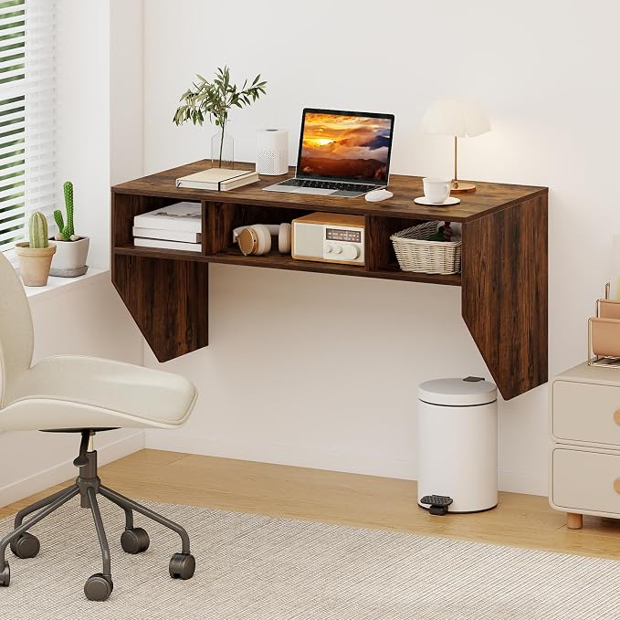 Giantex Wall-Mounted Computer Desk, Floating Laptop Desk with 3 Storage Compartments, Space-Saving Home Office Workstation Vanity Table for Bedroom, Study, Living Room (Rustic Brown) - Image 2