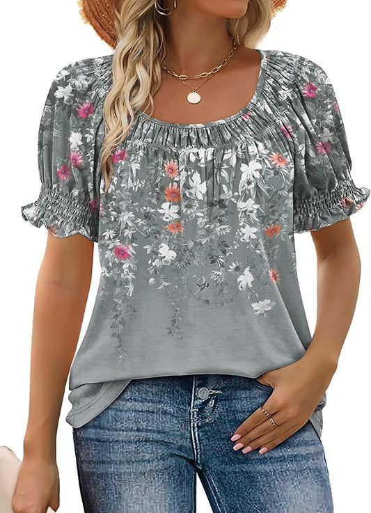 WIHOLL Womens Short Sleeve Square Neck Summer Tops Dressy Casual Blouses Trendy Clothes 2026 by WIHOLL