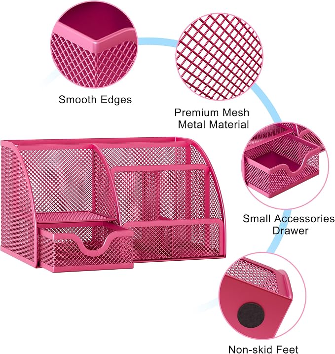 EasyPAG Mesh Desk Organizer with Drawer Multi-functional Pen Holder Stationery Organizer for Office School Supplies 6 Compartments Dorm Organizers and Storage for Desk, Hot Pink - Image 3