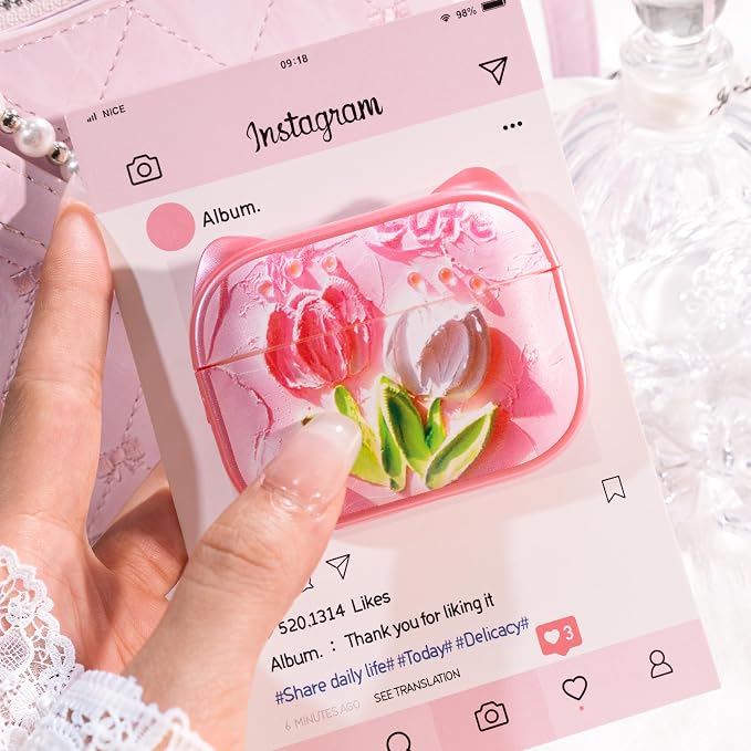 for AirPods Pro 2 Case with Cleaning Kit, Cute Cat Ear Print Design & Cute Buckle for Girls, Phone Holder & Top Safe Lock Buckle Design for AirPods Pro 2nd/1st Gen case, Tulip - Image 4