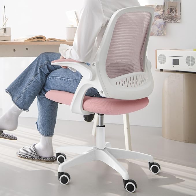 NEO CHAIR Office Desk Gaming Ergonomic Computer Chair with Lumbar Back Support Adjustable Height Swivel Rolling Wheels Flip-up Arms Mesh Chair for Home Vanity (Pink) | Lumbar Support, Height Adjustment, 360° Swivel and Rolling Base, Space-Saving Design... - Image 8