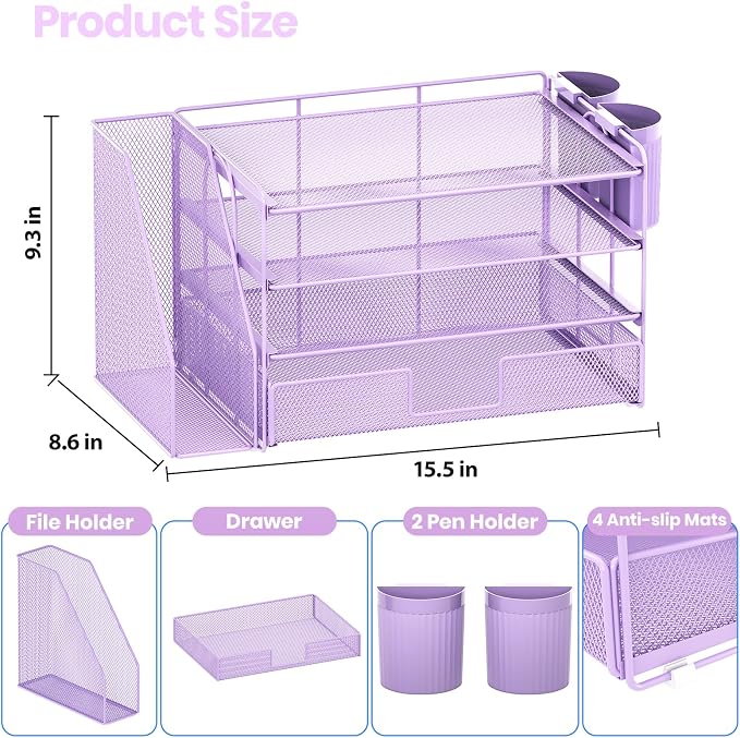 OPNICE Desk Organizer, 4-Tier Desktop File Organizer with Drawer and Pen Holders, Office Desk Accessories, File Sorters, Workspace Organizers for Office Supplies(Purple) - Image 4