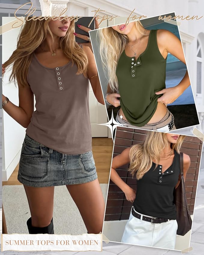 Ficerd 3 Pack Women's Henley Tank Tops Sleeveless Button Down Summer Shirts 2026 Casual Trendy Loose U Neck Tee Blouses - Image 2