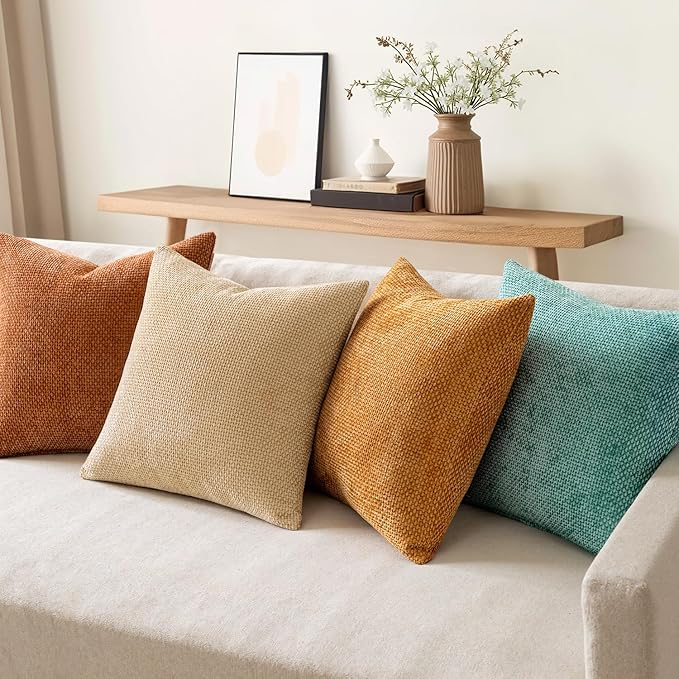 MIULEE Pack of 4 Orange/Teal Couch Throw Pillow Covers 18x18 Inch Yellow Green Soft Decorative Chenille Pillows Farmhouse Accent Cushions for Boho Fall Home Decor Sofa Bedroom Living Room - Image 3