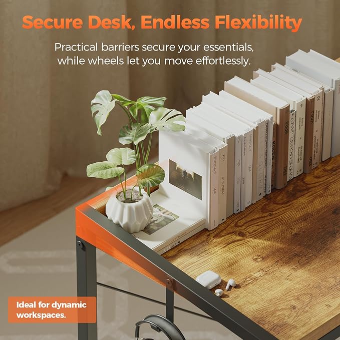 Mericonia 47x20 Inch Small Computer Desk with Wheels & Rear Lip | Simple Rolling Desk, Writing Table for Home Office Bedroom Work Study, Brown - Image 4